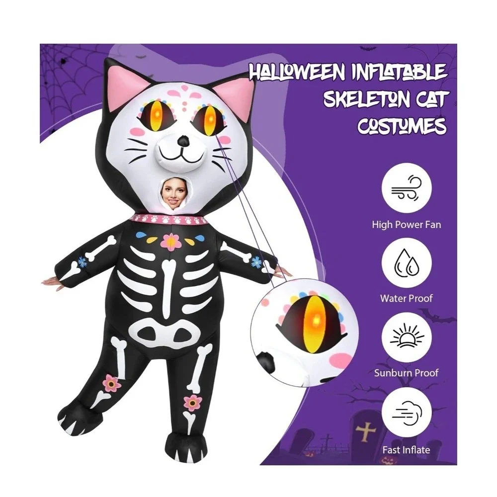 Black Skeleton Cat Inflatable Pet Costume with Pink Accents